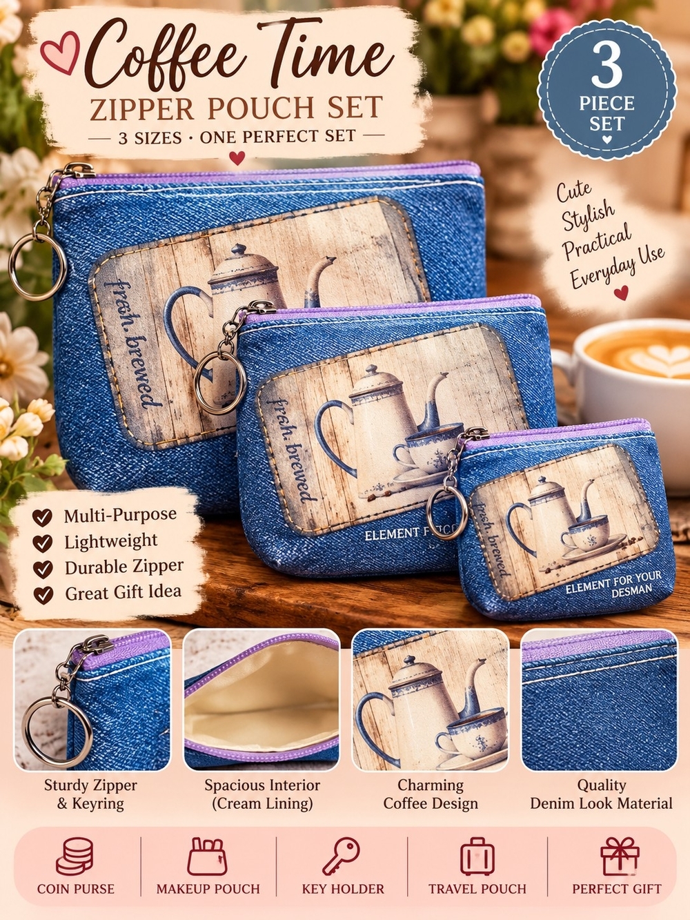 Coffee Time Denim-Look Zipper Pouch Set - Blue (3-Piece)
